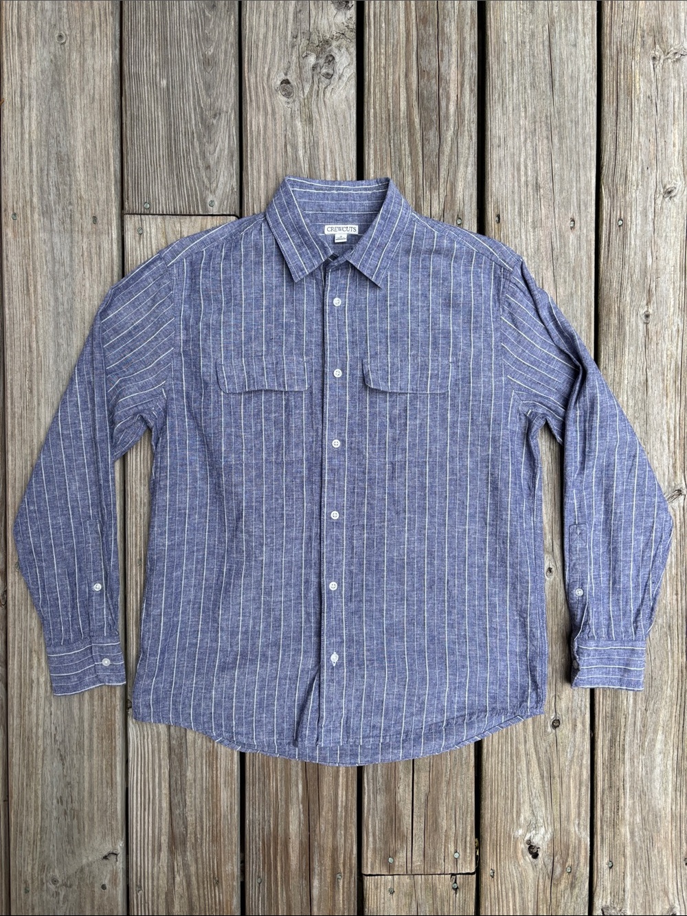Crewcuts Boys Blue Striped Button Down Utility Linen Blend Shirt Size 14